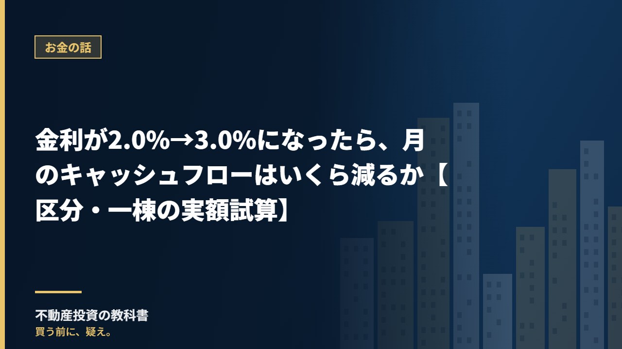 金利が2.0%→3.0%になったら、月のキャッシュフローはいくら減るか【区分・一棟の実額試算】